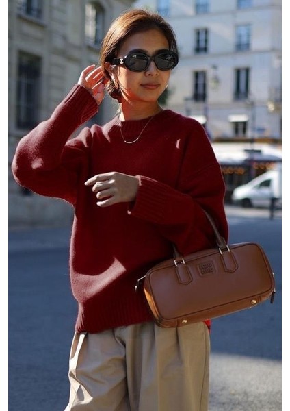 Bordo Bisiklet Yaka Oversize Triko Kazak MG1972 fiyatları