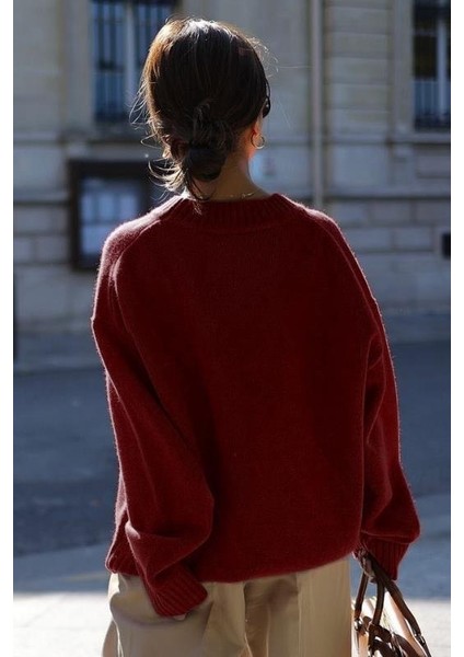 Bordo Bisiklet Yaka Oversize Triko Kazak MG1972 modelleri