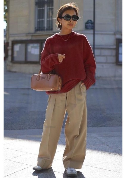 Bordo Bisiklet Yaka Oversize Triko Kazak MG1972 fırsatları