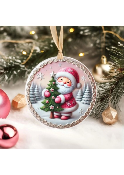 Yılbaşı Çam Ağacı Süsü - 3D Tasarımlı Uv Baskılı - Noel Baba ve Çam Ağacı