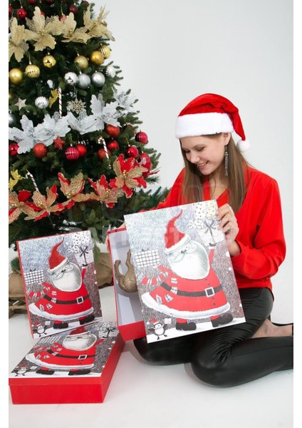 Lüks Yılbaşı Hediyelik Hediye Kutusu 3 Lü Set Kabartmalı Noel Baba Baskılı Yeni Yıl Kış Temalı fırsatları
