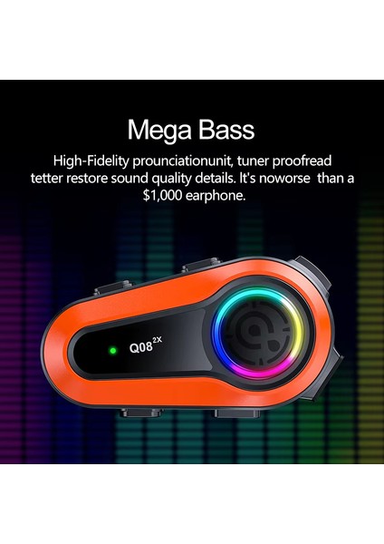 Q08 2x Motosiklet Kask Kulaklık Intercom Rgb Işıklı Bluetooth 5.0 Çift Telefon Bağlantı