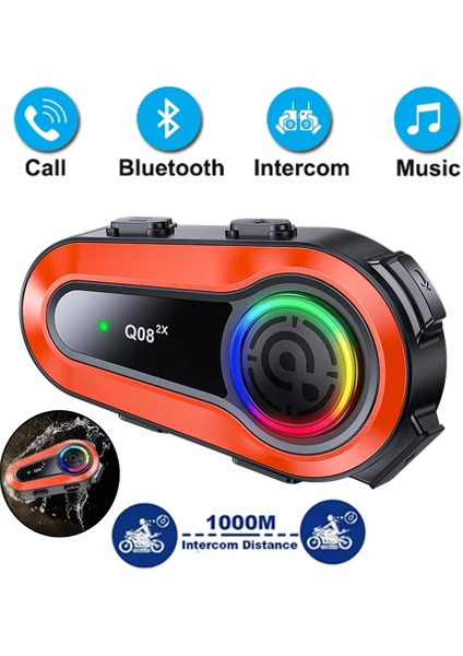 Q08 2x Motosiklet Kask Kulaklık Intercom Rgb Işıklı Bluetooth 5.0 Çift Telefon Bağlantı