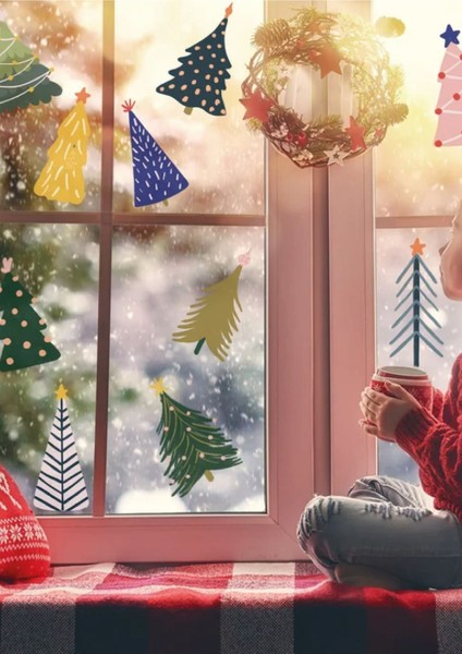 Yılbaşı-Renkli Noel Ağacı Çocuk Bebek Odası Sticker Seti Yılbaşı Süsü Yeni Yıl Kış Konsepti