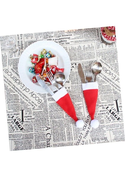 6 Adet Dekoratif Noel Baba Şapkası Kaşıklık - Yılbaşı Sofra Dekoru Kaşıklık Servis Sunumluk
