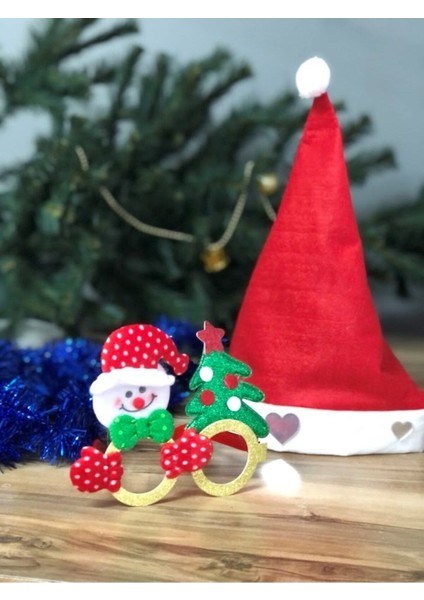 Noel Baba ve Çam Ağacı Detaylı Gold Parti Gözlüğü Yılbaşı Noel Baba Şapkası ve Sim Süs