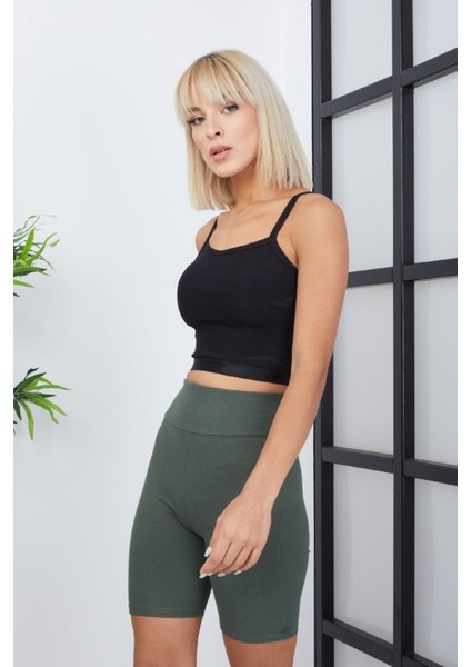 Ef Dk Crop Atlet - Askılı- Lastikli Bel-Göbek Detaylı -Fitilli Kumaş - Bluz