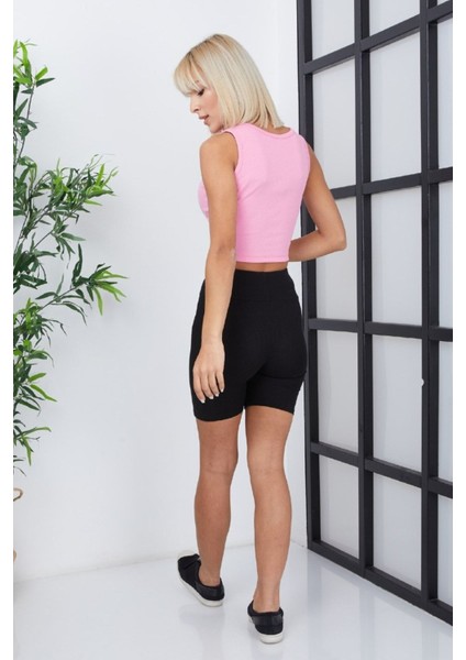 Ef Dk Crop- Atlet -Pembe-Fitilli Kaşkors-Göbek Detaylı - Bluz