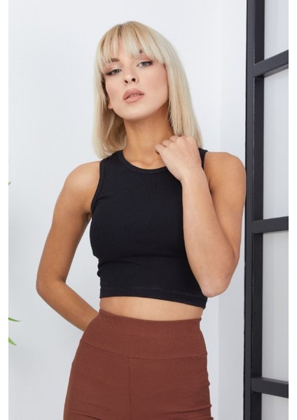 Ef Dk Crop- Atlet - Siyah Fitilli Kumaş- Göbek Detaylı - Örme Bluz