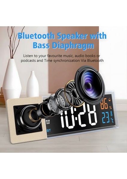 S801 Dijital Ekranlı Masa Saati Isı ve Nem Ölçer Alarmlı Bluetooth Hoparlör