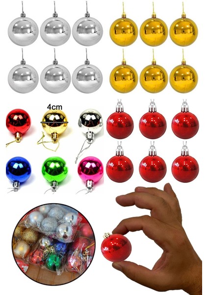 24'lü Renkli 4cm Yılbaşı Topları Süsleme Seti, Parlak ve Şık Dekorasyon Malzemeleri