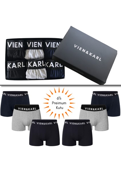 Erkek Siyah Gri Lacivert 6’lı Kutu Pamuk Penye Likralı Boxer