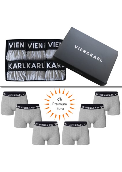 Erkek Gri 6'lı Kutu Pamuk Penye Likralı Boxer