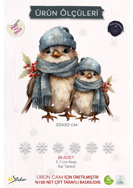 Sevimli Yılbaşı Yeni Yıl Kuşları ve Kar Taneleri Sticker Seti, Çift Taraflı Yılbaşı Cam Sticker Set