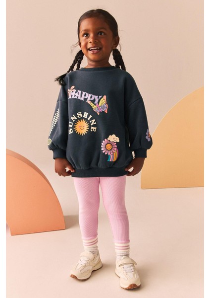 Siyah Happy Sloganlı Desenli Sweatshirt Tayt Alt-Üst Takım Kız Çocuk fiyatları