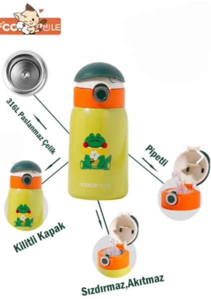 Cocosmile Özel Kutulu Kılıflı 470 ml Pipetli Çelik Termos -Boyun Askılı- 4 Farklı Model Kılıflı modelleri