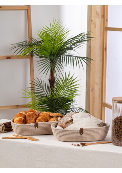 Deri Kordon Detaylı Örme Sepet | Mutfak ve Ev Organizeri | | Ekmek Sepeti | Bej