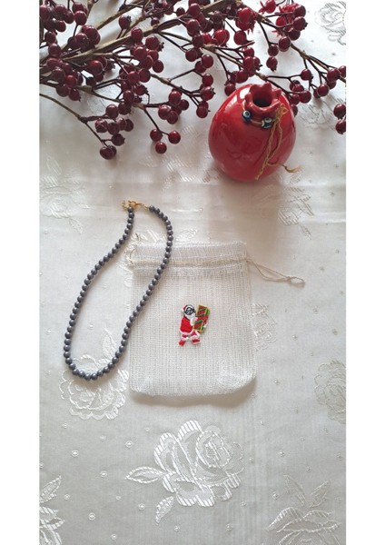 Yılbaşı Kesesi ve Kırmızı Bileklik Noel Baba Geyik Küpe Kırmızı Kolye Tül Simli Hediye Kesesi
