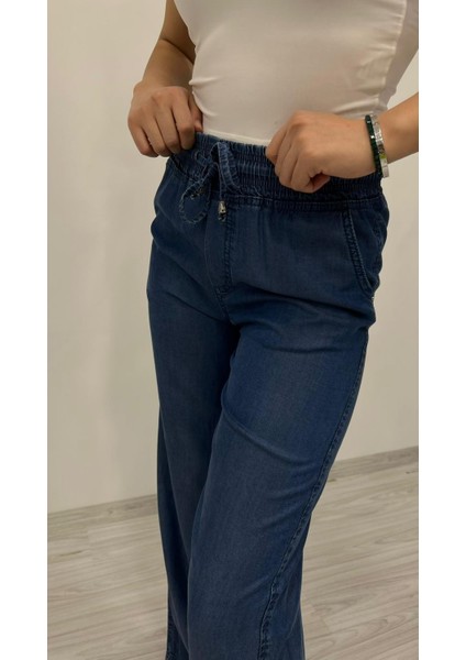 Kadın Açık Mavi Beli Lastikli Rahat Kesim Bol Paça Pantolon