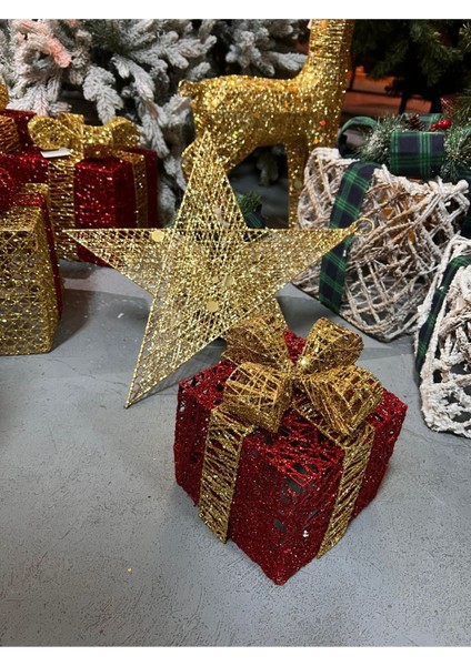 Yılbaşı Simli Kırmızı Hediye Paketi 18 cm Ağaç Noel Yeniyıl Dekor Fiyonklu fiyatları