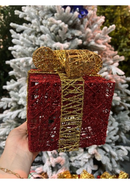 Yılbaşı Simli Kırmızı Hediye Paketi 18 cm Ağaç Noel Yeniyıl Dekor Fiyonklu indirimleri