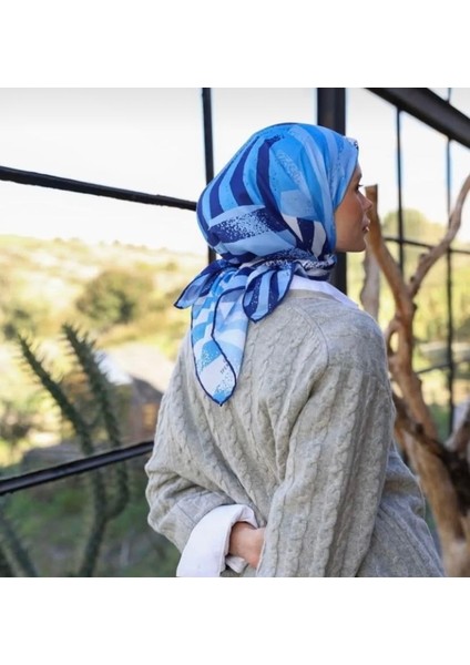 Harmony Desen Mavi Pamuk Eşarp