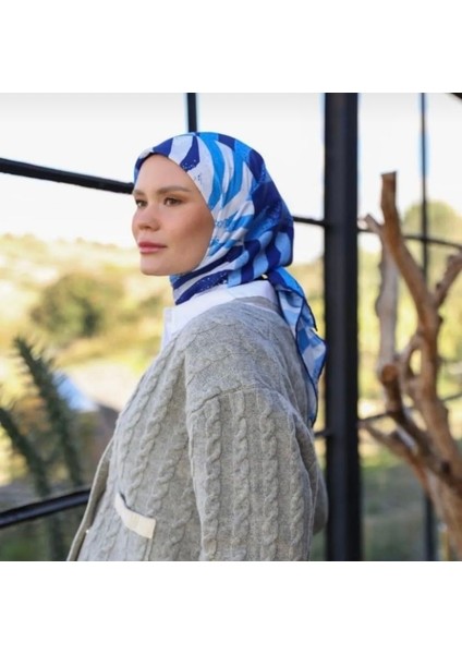 Harmony Desen Mavi Pamuk Eşarp