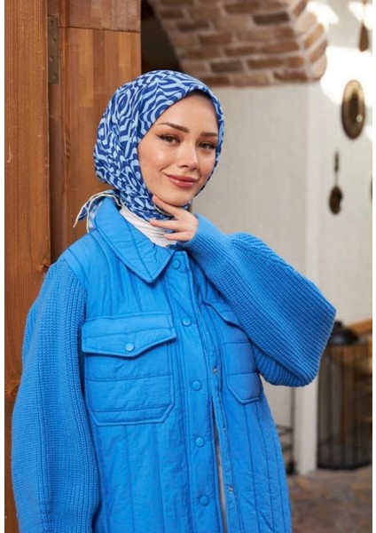 Çizgi Detaylı Mavi Pamuk Eşarp