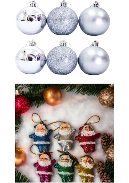 Cici Top 6 Lı Gümüş Yılbaşı Topu 6 cm ve Noel Baba 6 Lı Karışık Simli Yılbaşı Ağacı Süsleri