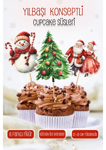 Yılbaşı Kış Temalı Renkli Cupcake Kürdan Süsü, 16'lı Paket, Şık ve Eğlenceli Tasarım