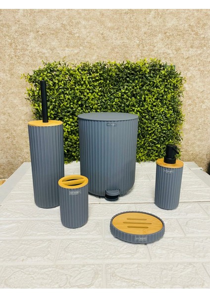 Banyo Seti 5 Parça Pedallı Akrilik Koyu Gri Bambu