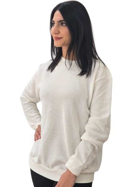 Düz Sıfır Yaka Triko Görünüm Sweatshirt (Beyaz)