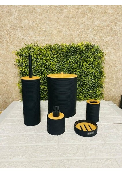 Banyo Seti 5 Parça Bambu Kapaklı Akrilik Siyah