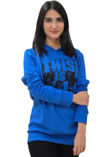 Baskılı Kapüşonlu Swaetshirt (Mavi)