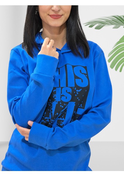 Baskılı Kapüşonlu Swaetshirt (Mavi) modelleri