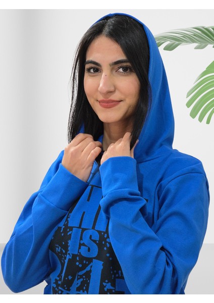 Baskılı Kapüşonlu Swaetshirt (Mavi) fırsatları