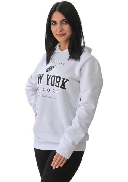 New York Baskılı Kapüşonlu Sweatshirt (Beyaz)