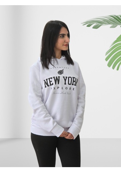 New York Baskılı Kapüşonlu Sweatshirt (Beyaz) modelleri
