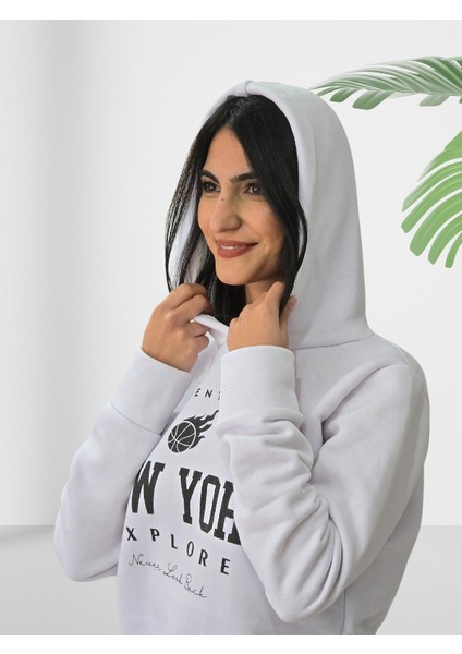 New York Baskılı Kapüşonlu Sweatshirt (Beyaz) fırsatları
