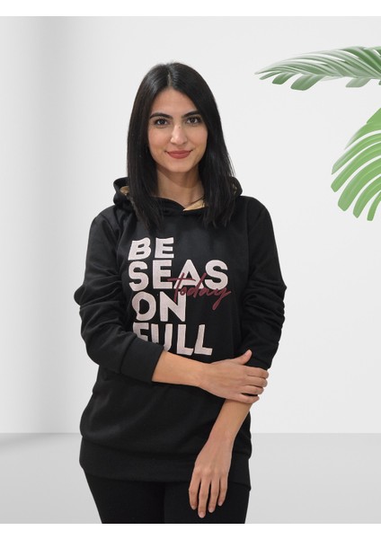 Be Season Full Baskılı Kapüşonlu Sweatshirt (Siyah) fiyatları