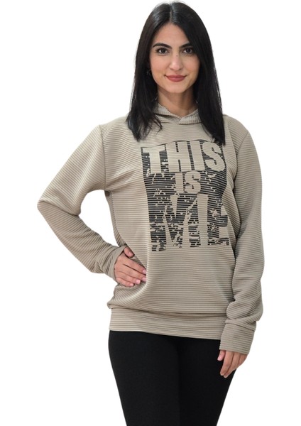 Baskılı Kapüşonlu Sweatshirt (Çizgili Taba)
