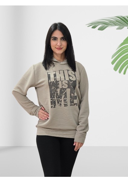 Baskılı Kapüşonlu Sweatshirt (Çizgili Taba) fiyatları