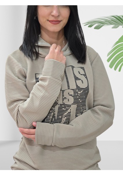 Baskılı Kapüşonlu Sweatshirt (Çizgili Taba) modelleri