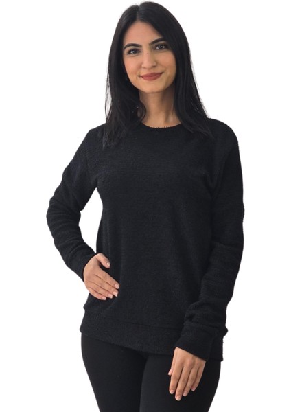 Kırçıllı Triko Düz Sweatshirt (Siyah)