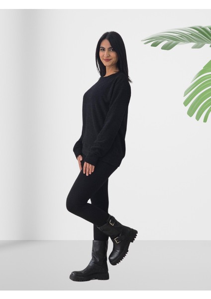 Kırçıllı Triko Düz Sweatshirt (Siyah) modelleri