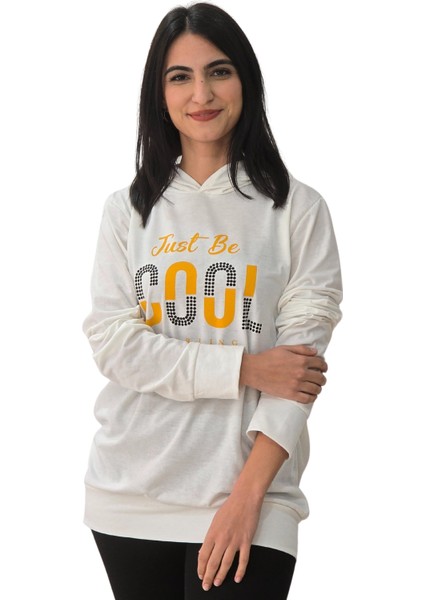Be Cool Baskılı Kapüşonlu Sweatshirt (Beyaz)
