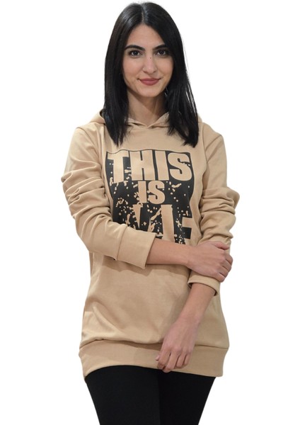 Baskılı Kapüşonlu Sweatshirt (Taba)