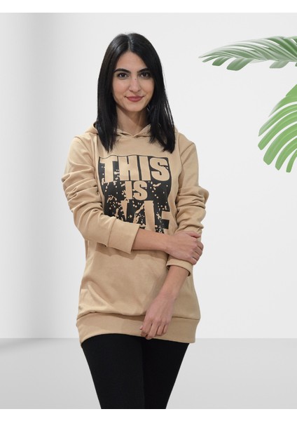 Baskılı Kapüşonlu Sweatshirt (Taba) fiyatları