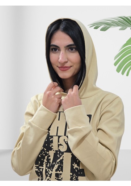 Baskılı Kapüşonlu Sweatshirt (Krem) modelleri