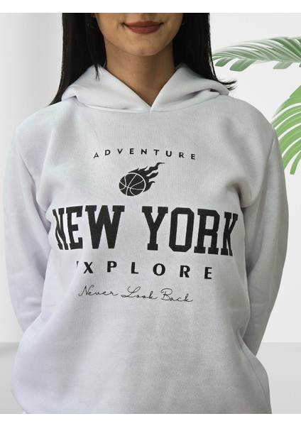 New York Baskılı Kapüşonlu Sweatshirt (Beyaz) indirimleri